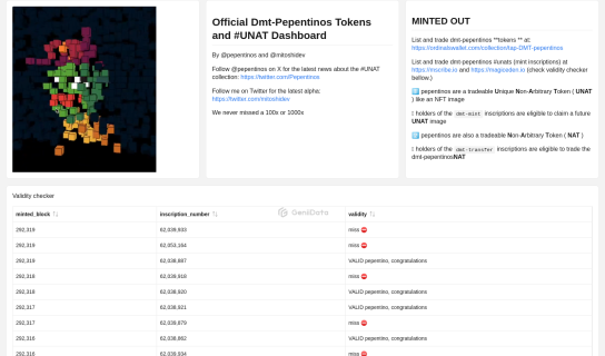 dmt-pepentinos mints and validator (tokens and #UNAT) maked by mitoshidev @GeniiData